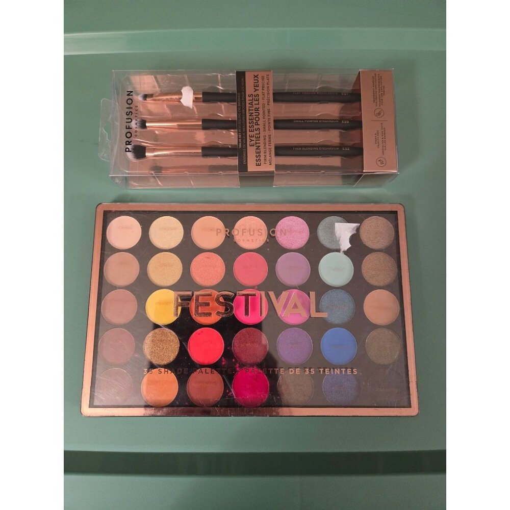 Profusion Festival 35 Shade Eyeshadow Palette +Eye Essentials 3pc Brush Set FLAW